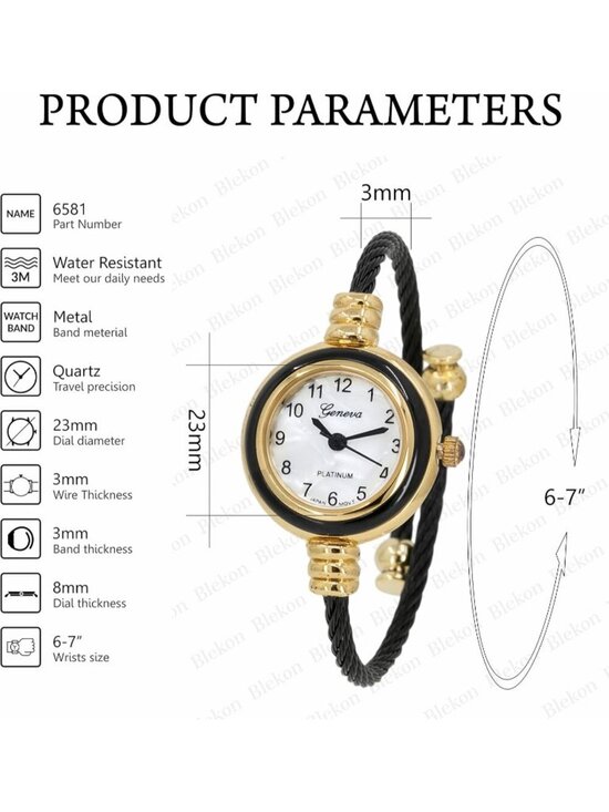Womens Black Gold Analog Quartz Elegant Cable Cuff Arabic Numbers Bracelet Watch main image 7